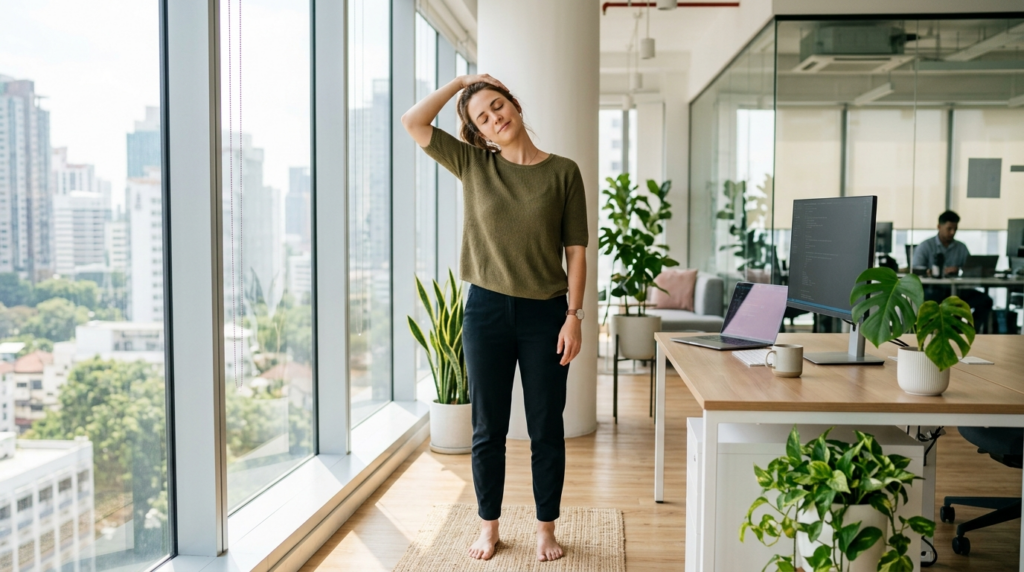 Woman in bright modern office space practicing mindful stret