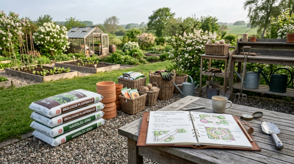 Photorealistic wide shot of organized garden supplies and qu