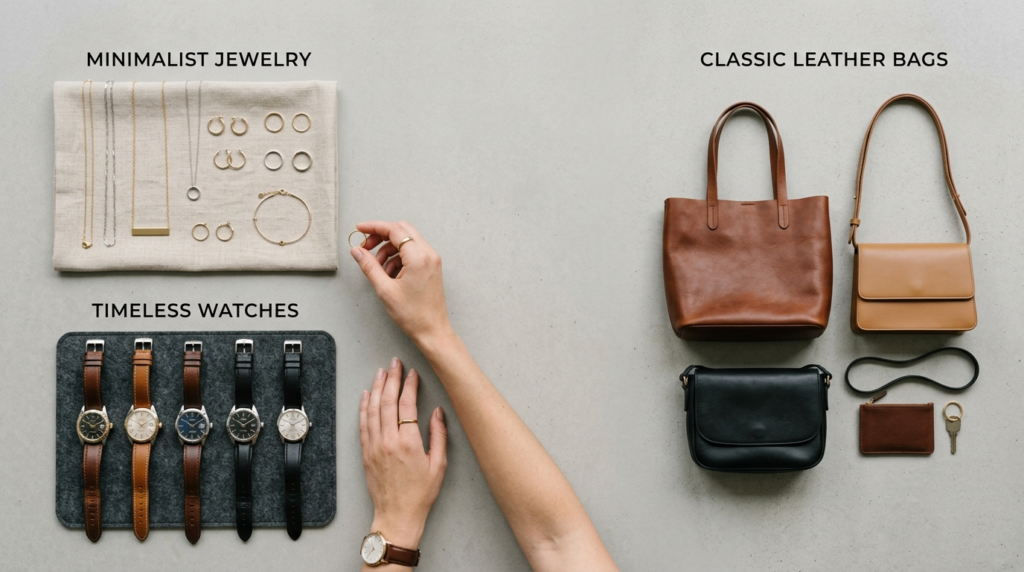 Close-up flat lay photography of curated accessory collectio