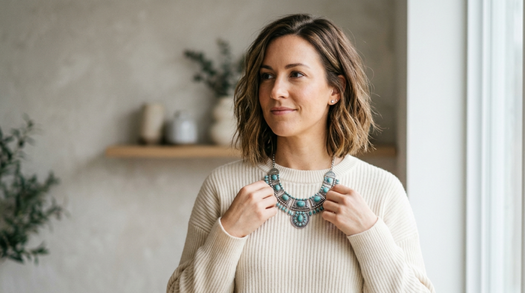 Portrait-style photo of confident woman in her 30s holding a