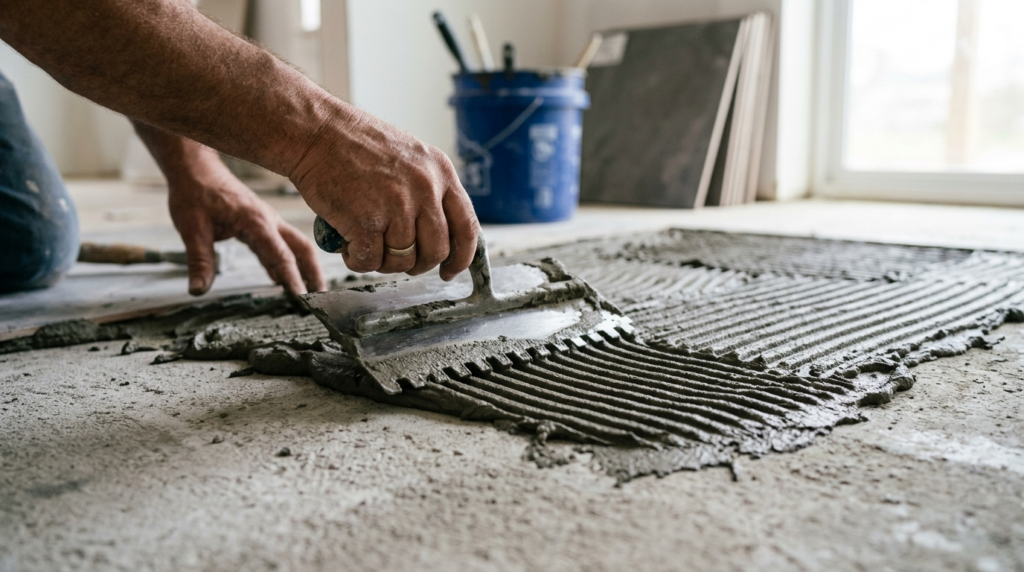Close-up detail of hands applying adhesive compound to tile 
