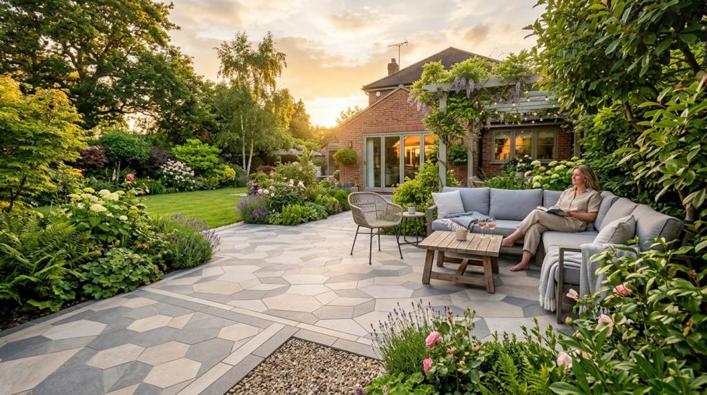 Wide lifestyle shot of a completed garden patio with perfect