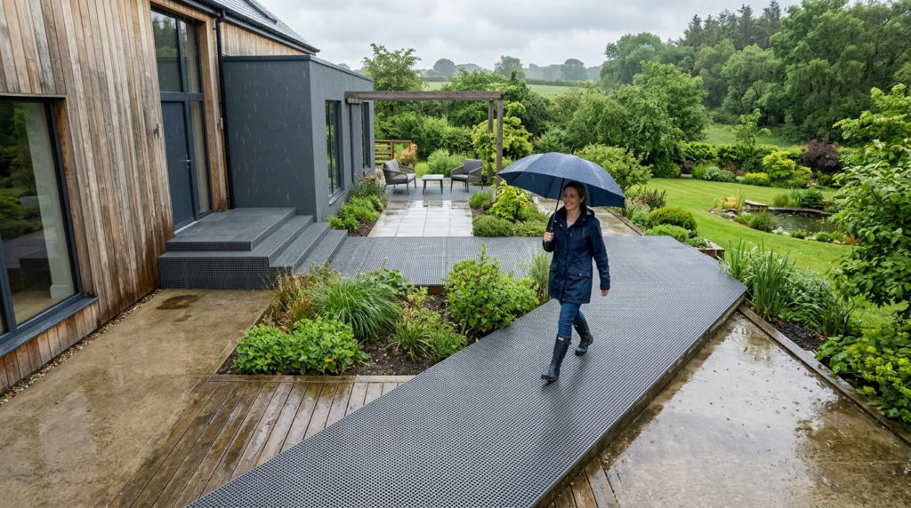 Aerial view of a contemporary outdoor patio area with GRP an