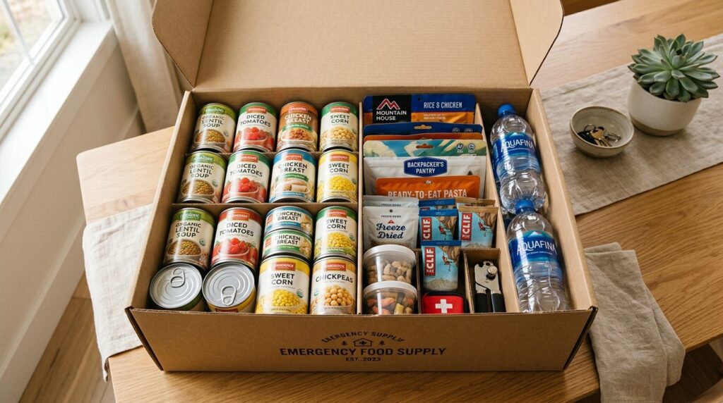 Close-up overhead shot of a well-stocked emergency food supp