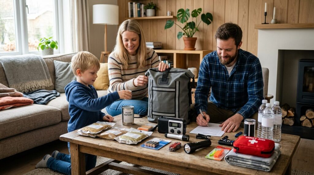 Lifestyle photograph of a family preparing an emergency prep