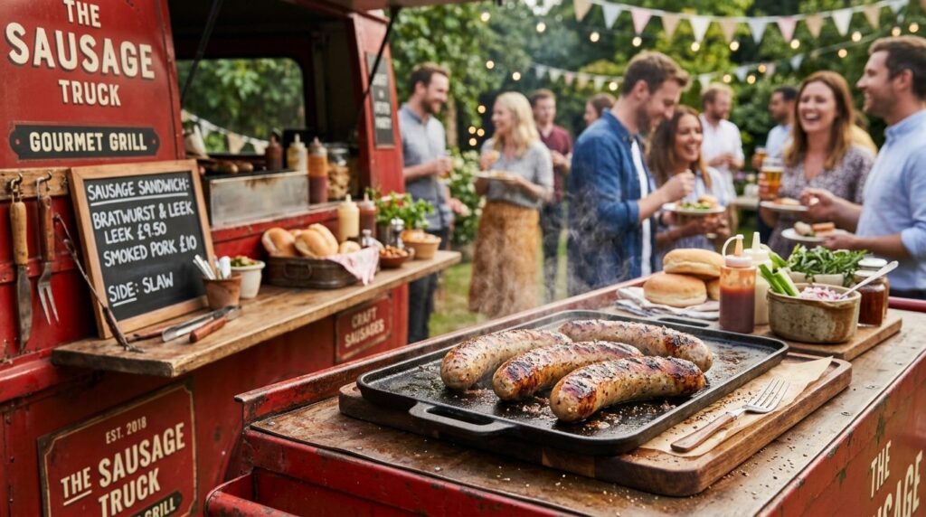 Close-up of gourmet grilled sausages on a vintage red food t