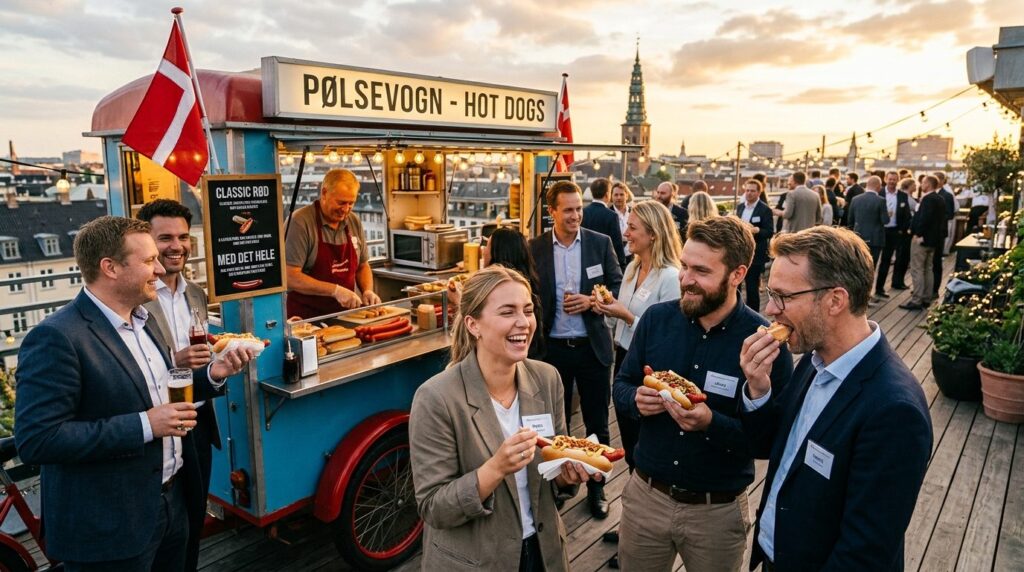 Cheerful corporate employees gathered around a mobile pølsev