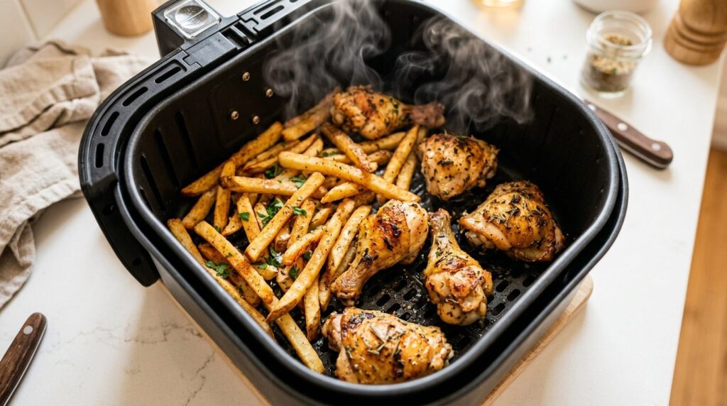 Close-up overhead shot of crispy golden french fries and roa