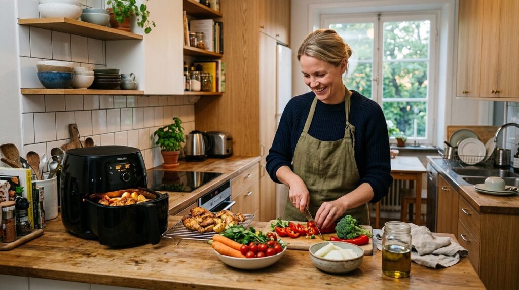 Busy Scandinavian home kitchen scene with person preparing e