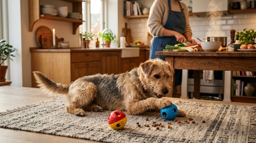 Realistic stock photo, 16:9 ratio. Happy medium-sized dog ly