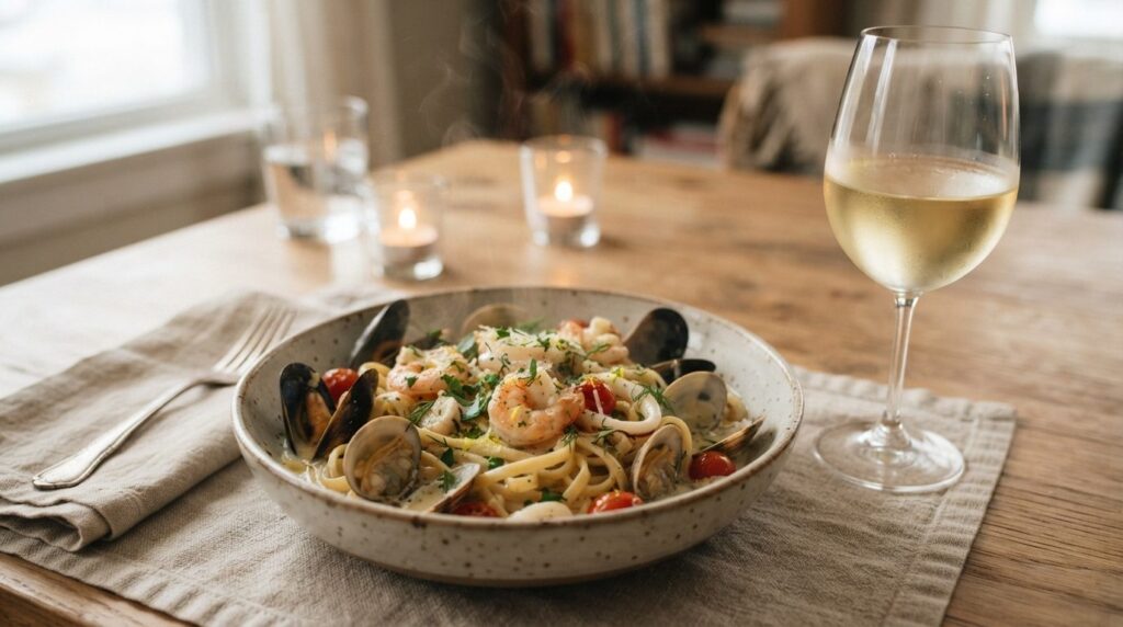 Close-up food styling photograph of a gourmet seafood pasta 
