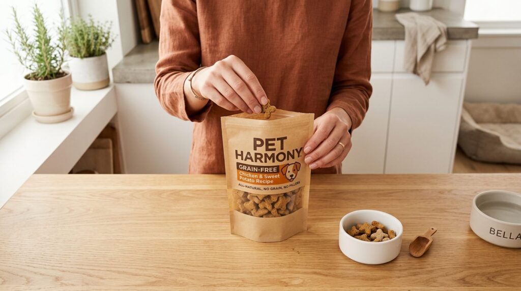 Close-up overhead shot of conscious pet owners hands select