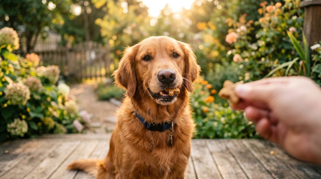 Happy healthy dog enjoying premium grain-free treats outdoor