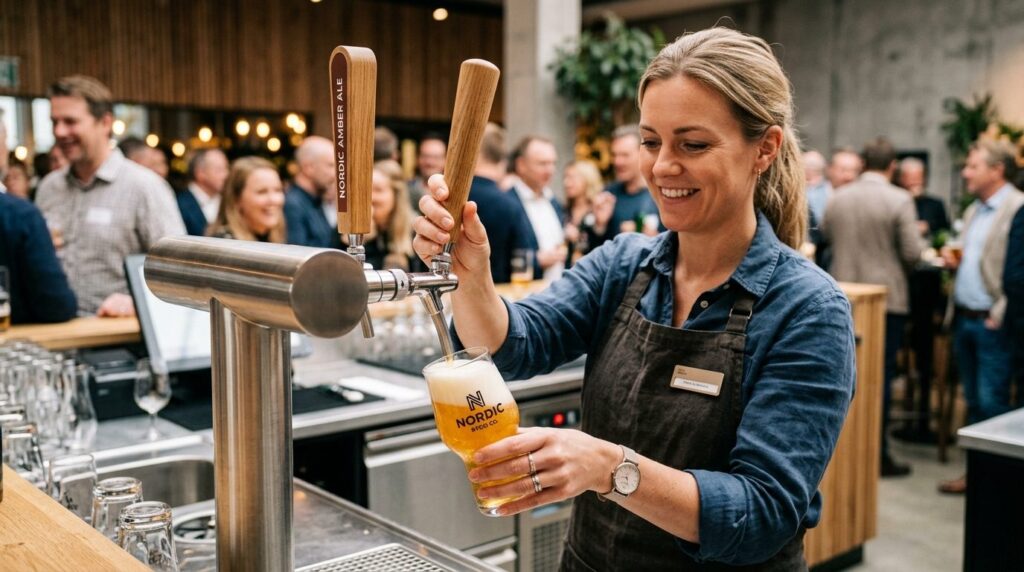 Close-up of a bartender pouring fresh draft beer from a tap 
