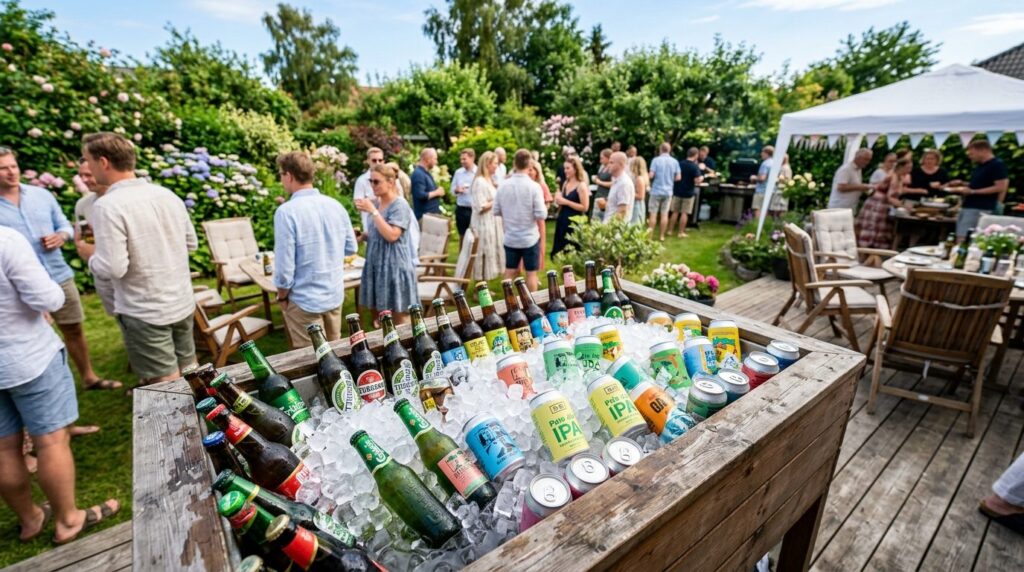 Wide angle shot of a well-stocked cooler with colorful beer 