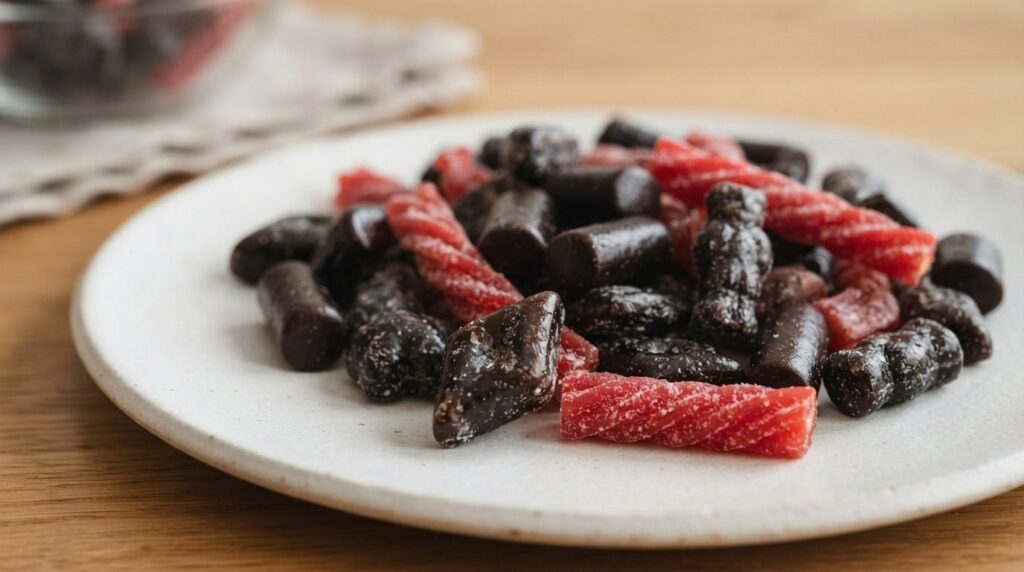 Close-up macro photography of assorted Danish licorice candi