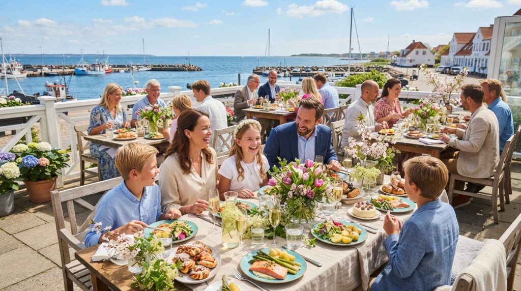 Bright, cheerful confirmation lunch celebration outdoors on 