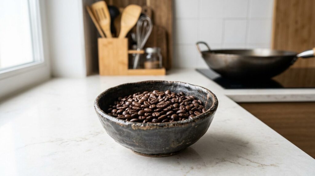 Close-up overhead shot of dark roasted espresso coffee beans