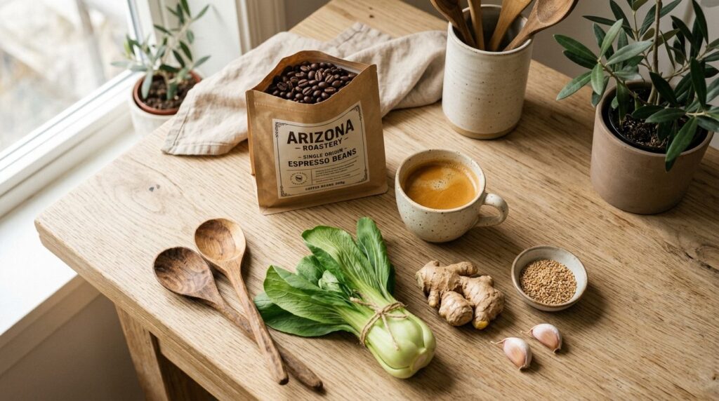 Lifestyle flat lay composition featuring premium espresso be