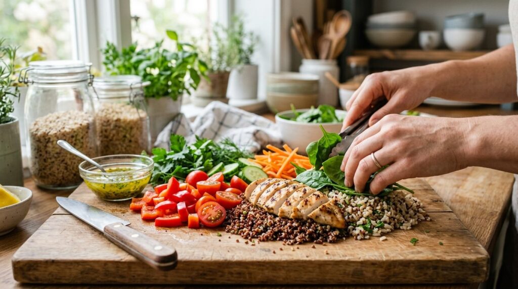 Close-up photorealistic image of a healthy meal preparation