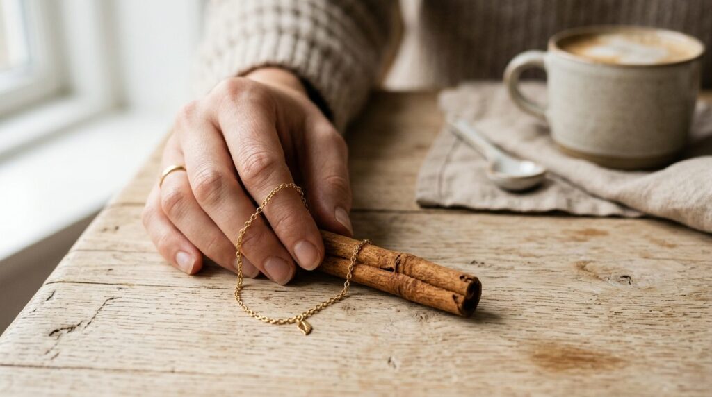 Close-up detailed shot of a delicate gold bracelet and cinna