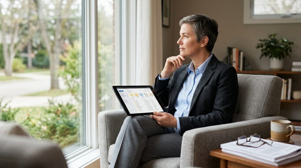 Serene photograph of a middle-aged person in business casual