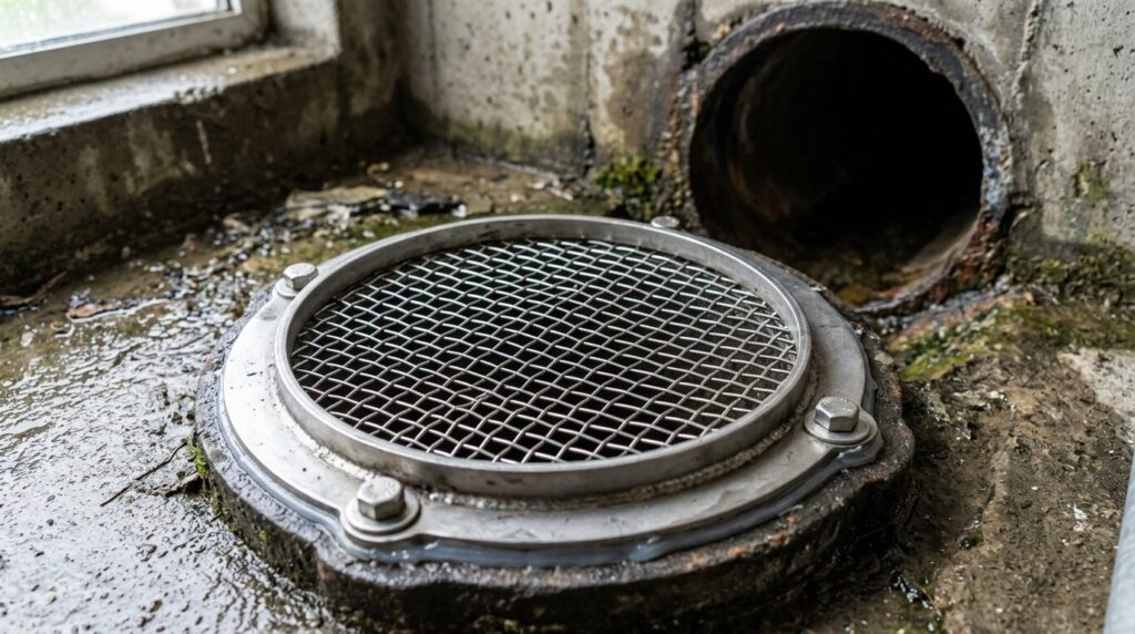Close-up detailed shot of a metal mesh rat barrier device fi