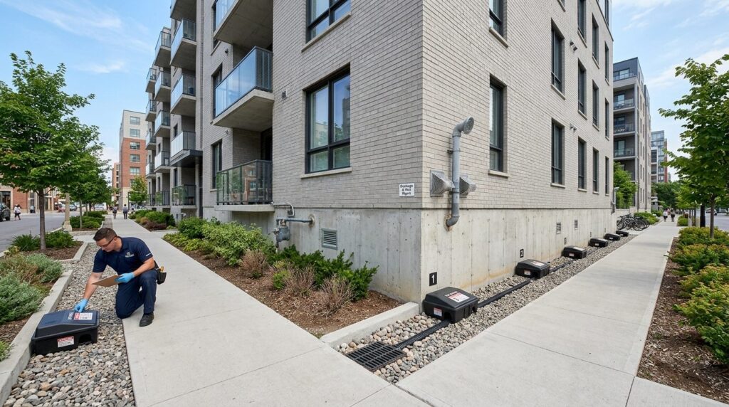 Wide angle view of an urban residential buildings exterior