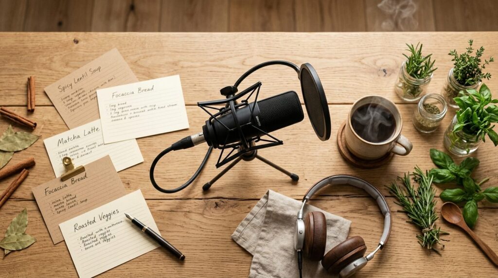 Overhead flat lay of a podcast microphone with shock mount a