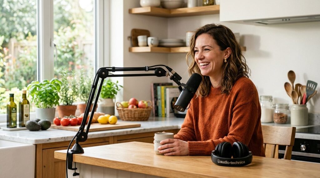 Woman in casual home attire speaking into a professional pod