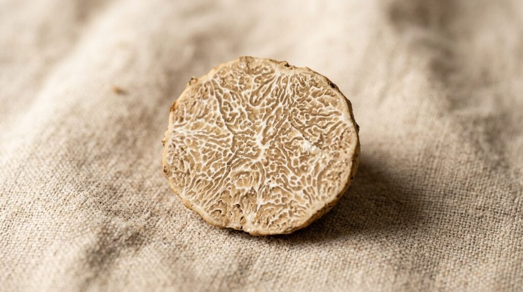 Close-up macro photography of a single sliced summer truffle