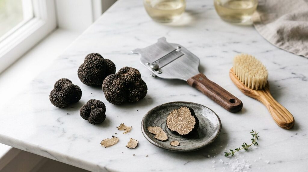 Elegant flat lay composition of fresh summer truffles arrang