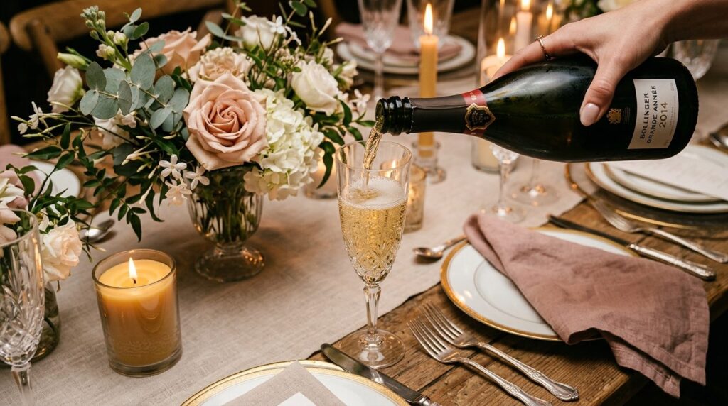 Close-up overhead shot of a champagne bottle being held over