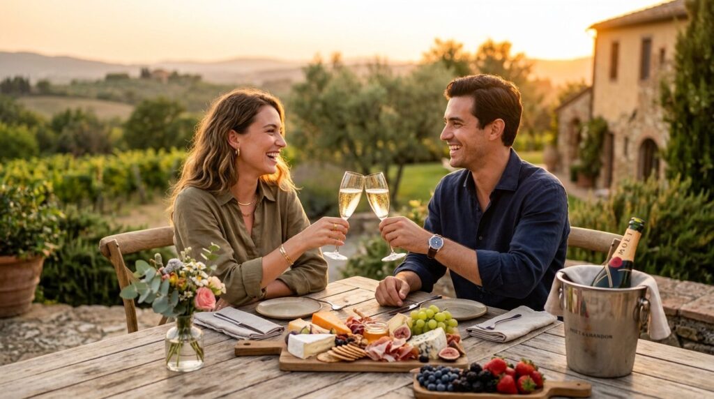 Lifestyle image of a woman and man sitting at a wooden table